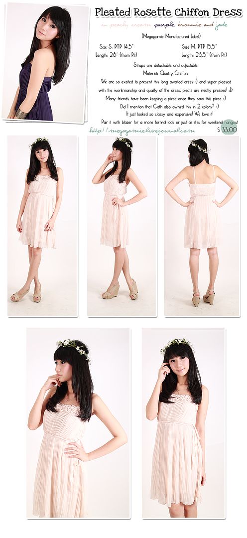 Megagamie Pleated Chiffon Rosette Dress in Cream Size S BNIB $33